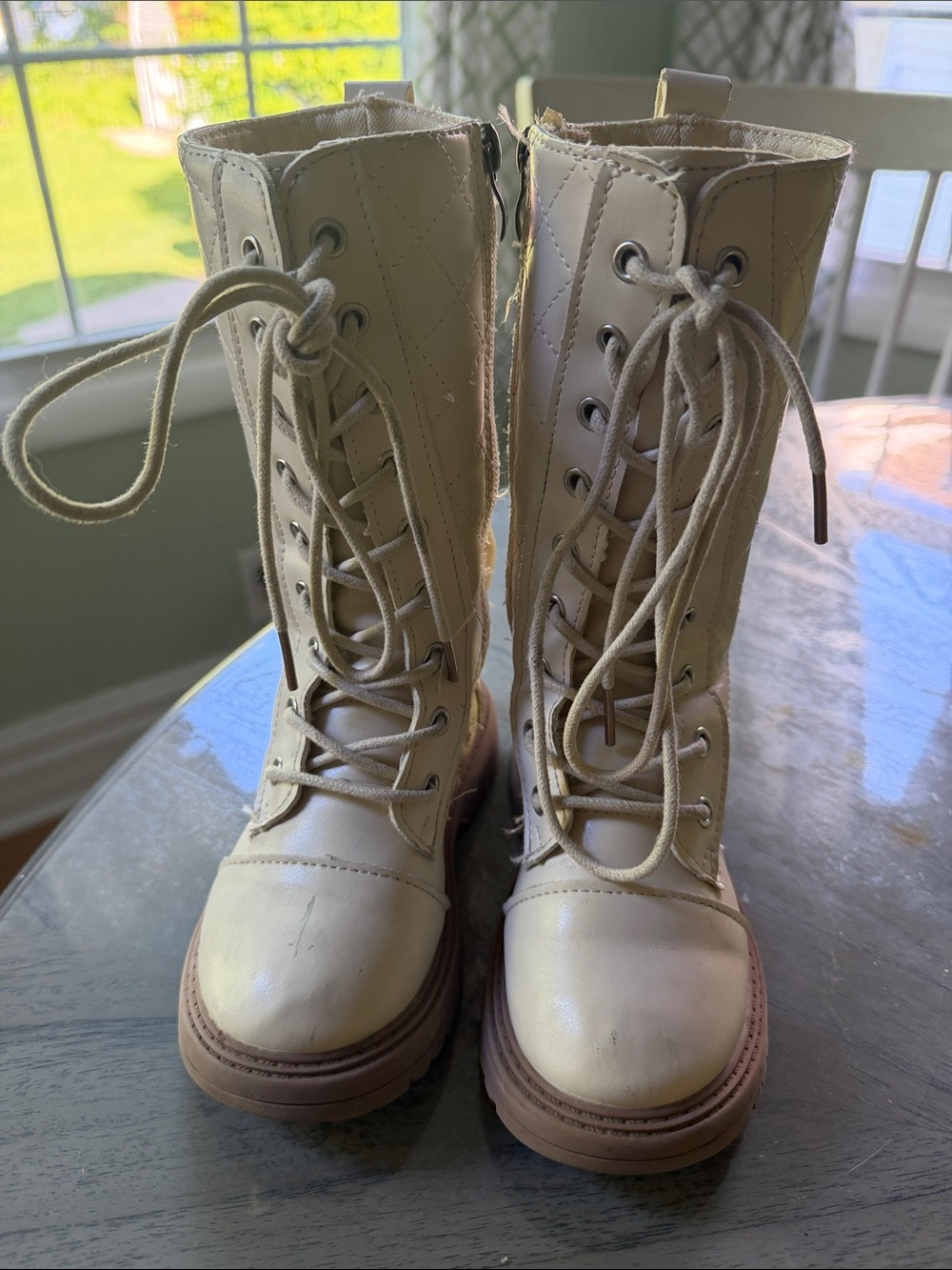 3/$6 Cream Lace-Up Combat Boots with bows on back
